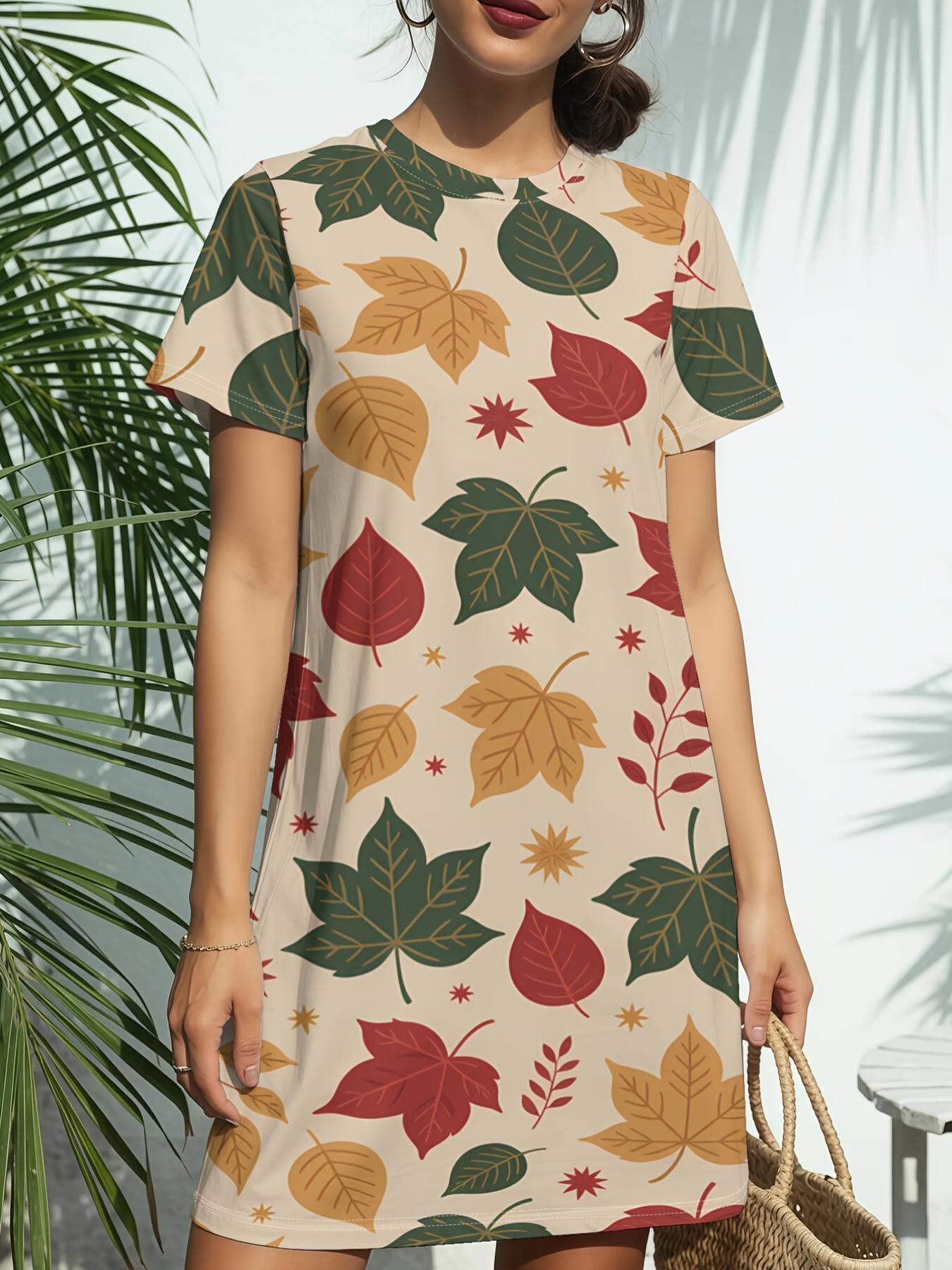 

Autumn Leaf Mix New Arrival Women S Round Neck Short-Sleeve T-Shirt Dress. American Trendy Digital Print. Casual Versatile Style for Spring And Summer L дубильна кора