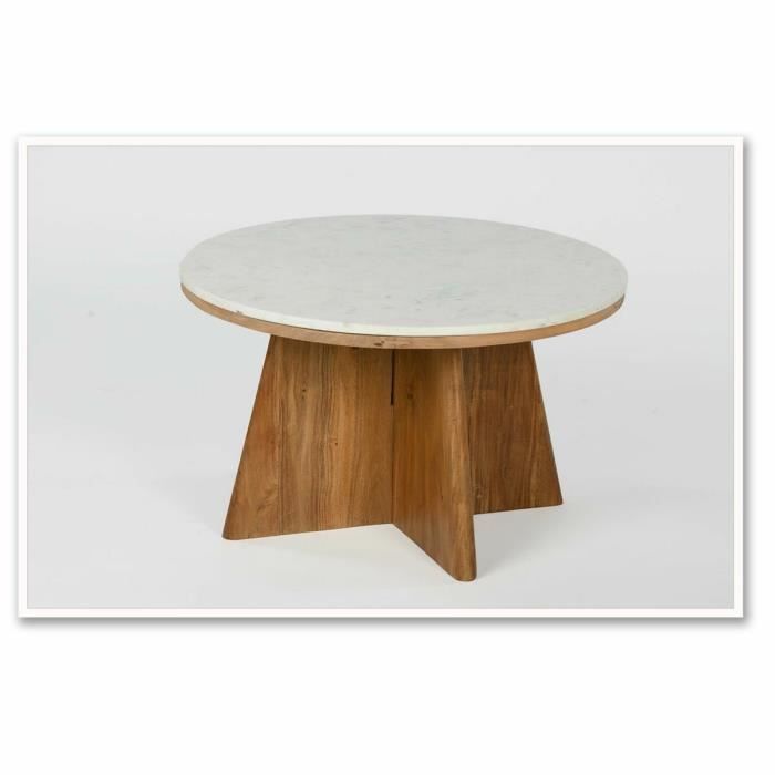 Table Basse - Acacia - Marbre - 70 Cm - Blanc - Marron - Moderne