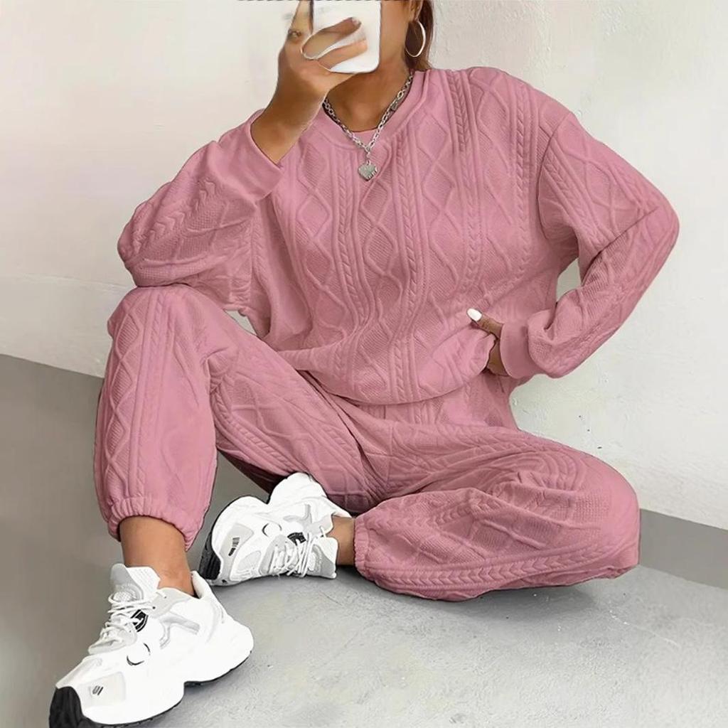 2025 Women's Cable Knit Patchwork Crew Neck Top & Jogger Set - Spring/Autumn
