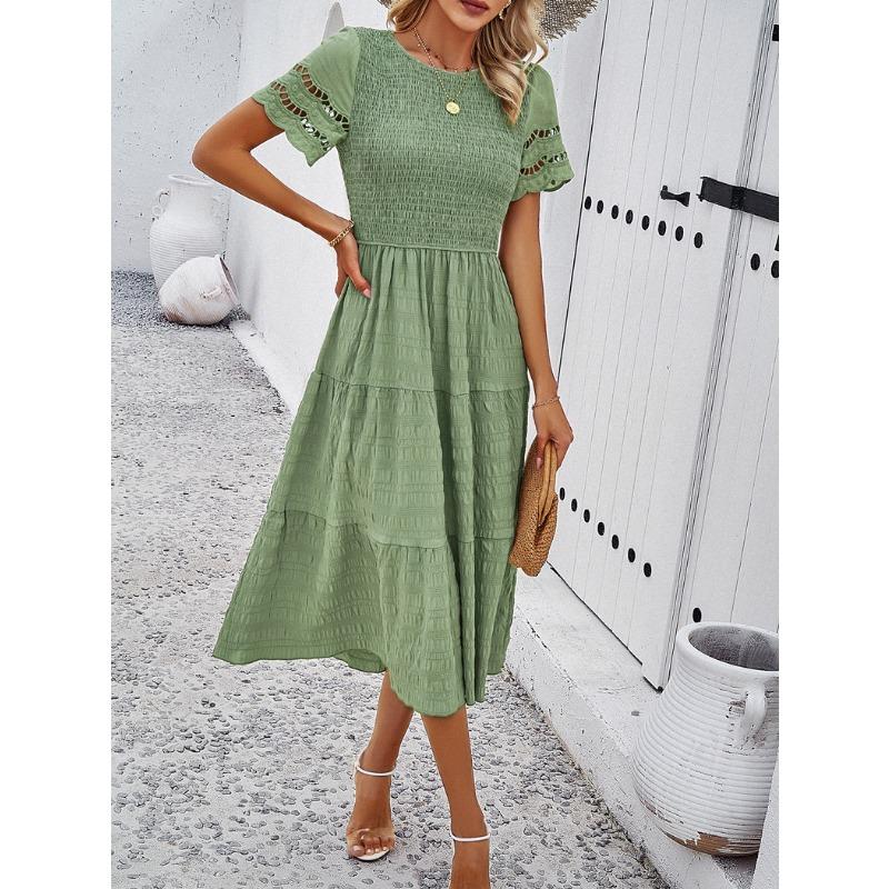 Women's Spring and Summer Temperament Solid Color Short-sleeved Hollowed Out Dresses