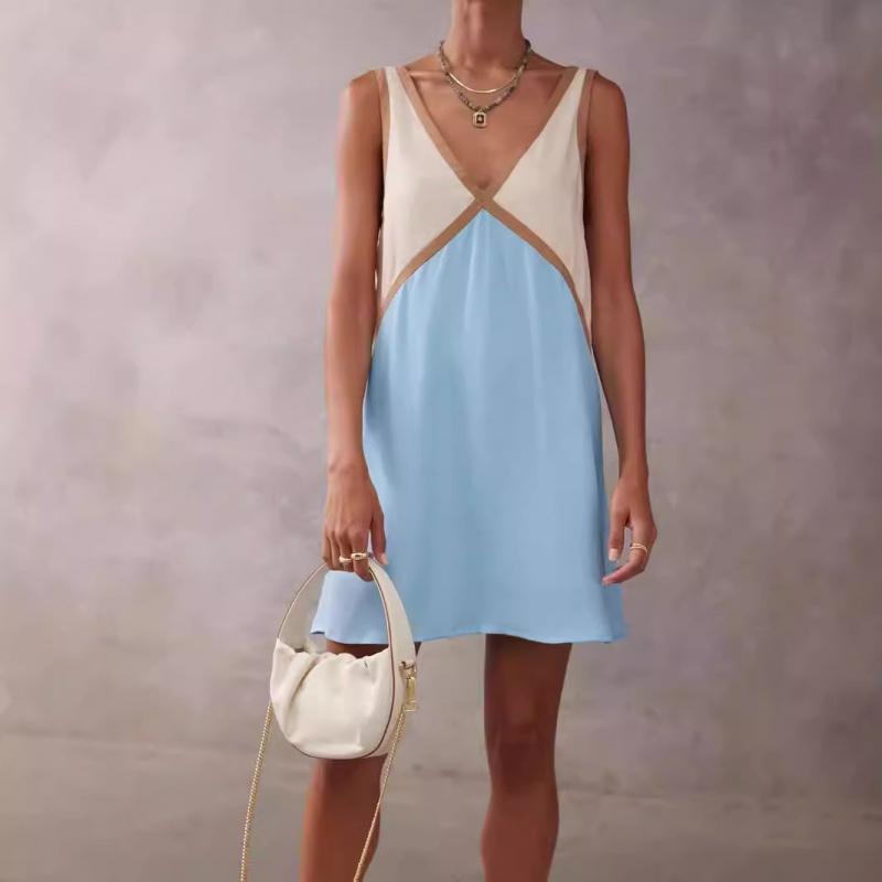 2026 New Women's Summer V-neck Color-Block Loose Sleeveless Tank Top Mini Dress