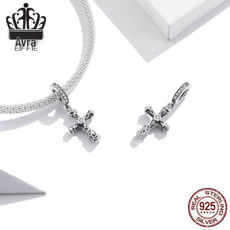 Avle S925 Sterling Silver Retro Cross Pendant Bracelet with European & American Fashion Beads