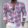 Men's Long-Sleeved Shirt with Heart Print Pattern, Stylish and Handsome, Festive Men's Lapel Top