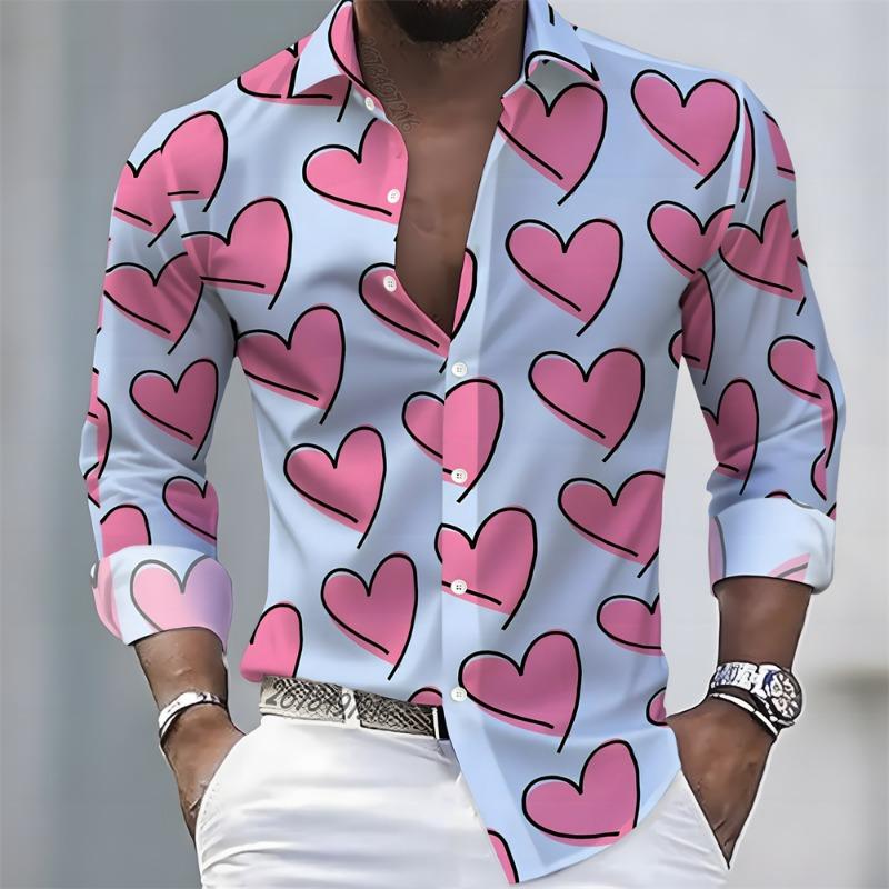 Men's Long-Sleeved Shirt with Heart Print Pattern, Stylish and Handsome, Festive Men's Lapel Top