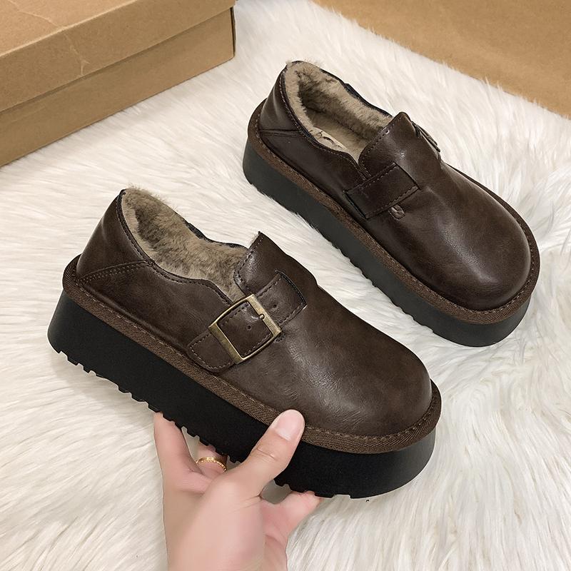 Flats Casual Cotton Shoes Women Loafers Platform Plush Warm Winter Retro Soft Leather Sneaker 2024 Trend Fur Snow Botas Mujer