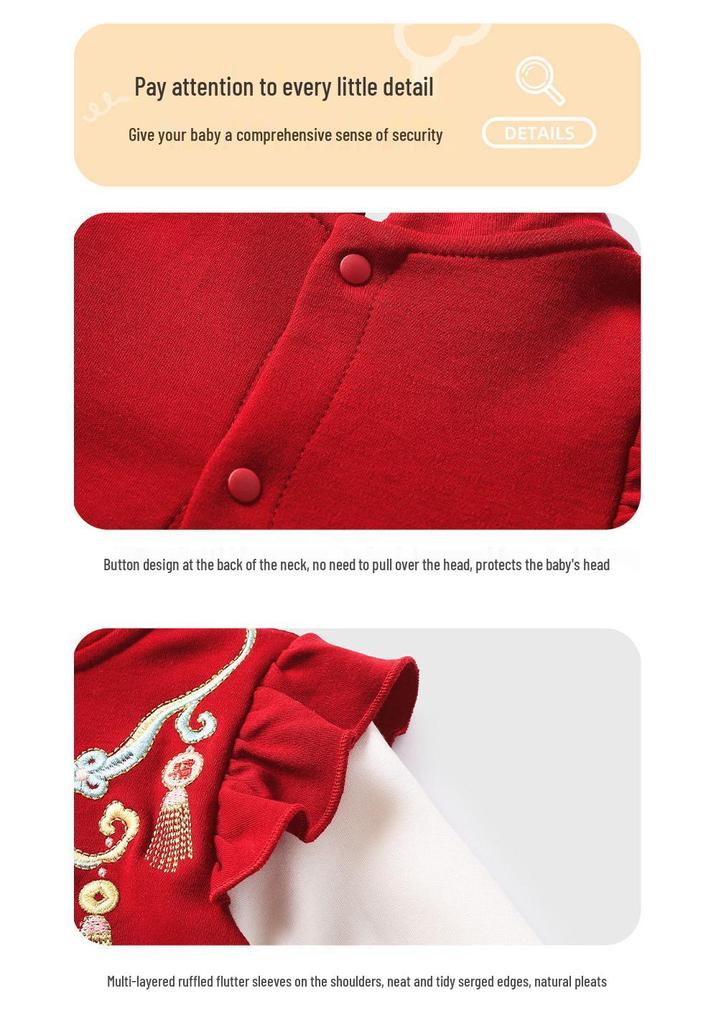 Youqi Autumn Baby Girl Red First Birthday Long Sleeve Dress and Bodysuit Set