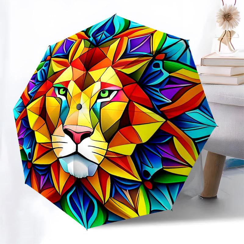 

1pc Colorful Lion Mandala Design Automatic Folding Umbrella - Portable Tri-Fold Design with 8-Rib Iron Frame, Perfect Outdoor for Fans, Travelers, Dai