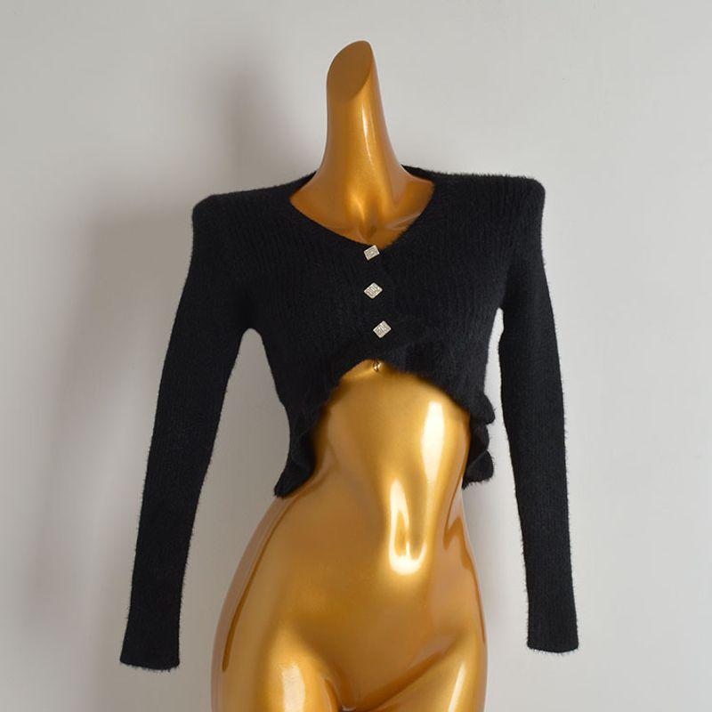 French Simplicity Anti-Mink Velvet V-neck Double-Breasted Knitting Cardigan Sweater Women's Autumn High Waist Slimming and Short Long Sleeves Outwear