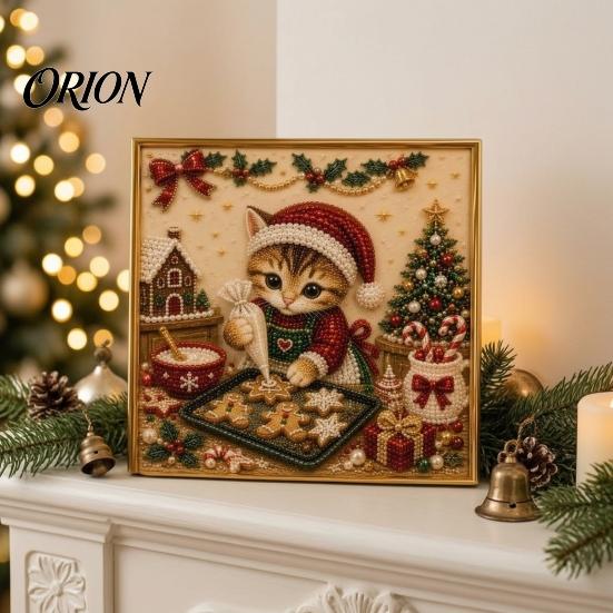 Christmas Faux Pearl Art Kit Xmas Cat Painting Kit, Festive DIY Winter Home Decor Cute Kitty 3D Bead Craft for Adults Teens, Holiday Wall Sparkling
