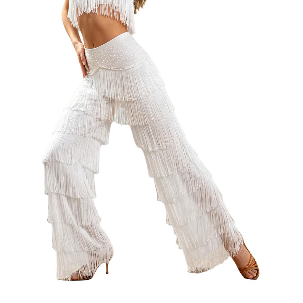 Pantaloni da Donna Latini Tango con Frange Vita Strass Strati Nappe Gamba Dritta per Cha-cha Rumba Allenamento Competizione Sala da Ballo