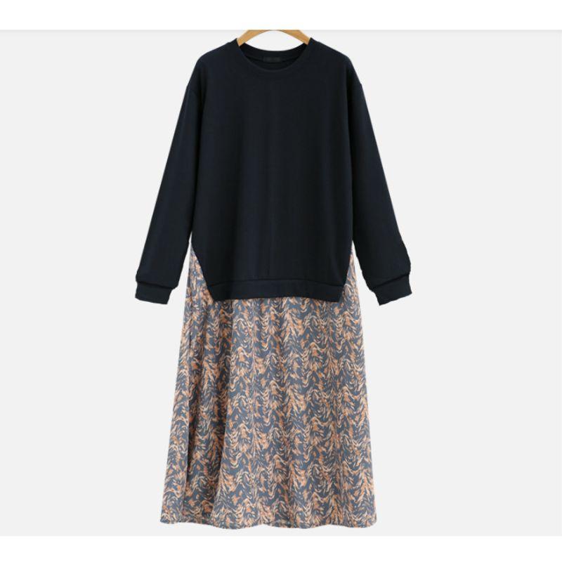 European Station Plus Size Women's Clothing Spring and Autumn New Round Neck Knitting Long Sleeves T-shirt Stitching Printing Large Swing Dress Dress