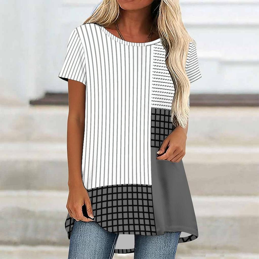 Túnicas Casuales Informales para Mujer con Estampado, Cuello Redondo, Dobladillo Irregular y Manga Corta