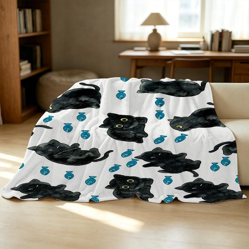 Hemmed Flannel Throw Blanket,Cute Black Cat & Fish Design, Soft Cozy Warm, Ideal for Bedroom Living Room Sofa, Christmas & Halloween Use