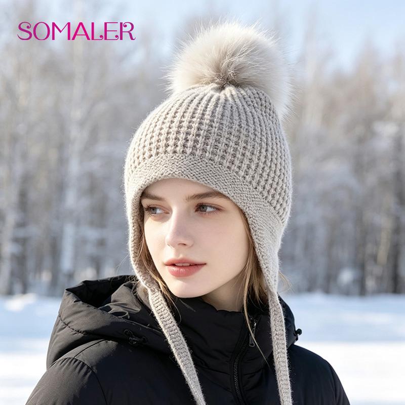 SOMALER Women‘s Winter Knitted Wool Hat with Pompom Hip Hop Style Casual Beanie
