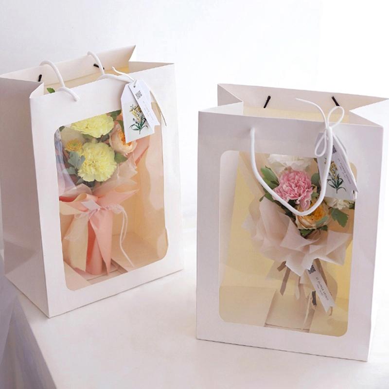 30pcs Transparent Window Gift Packing Bag Gift Wrap Paper Bag Portable White Wrapping Tote With Handles Sundries Storage Pouch