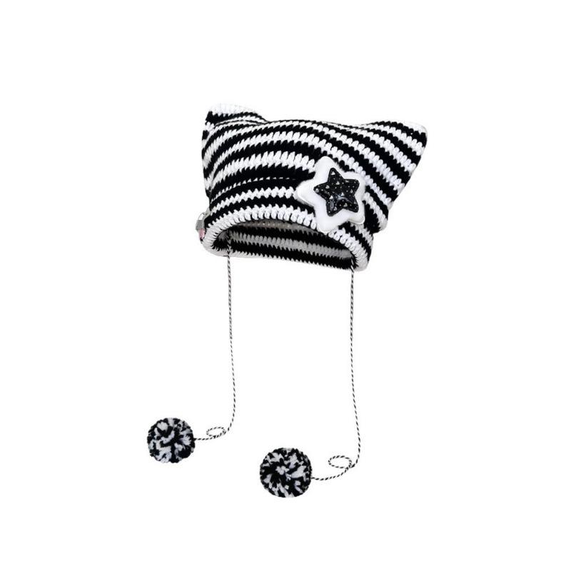Abbey wind cat ears hat women's autumn and winter yk striped knitted hat cute warm pullover wool hat