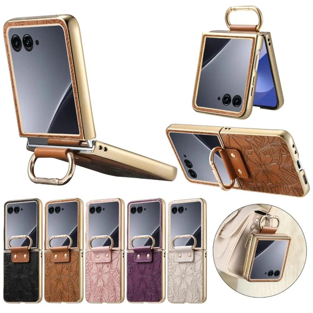 Coque de téléphone anti-chute à motif floral en relief pour Motorola Razr 70 60 50 Ultra avec boucle anneau Housse de protection antichoc plaquée