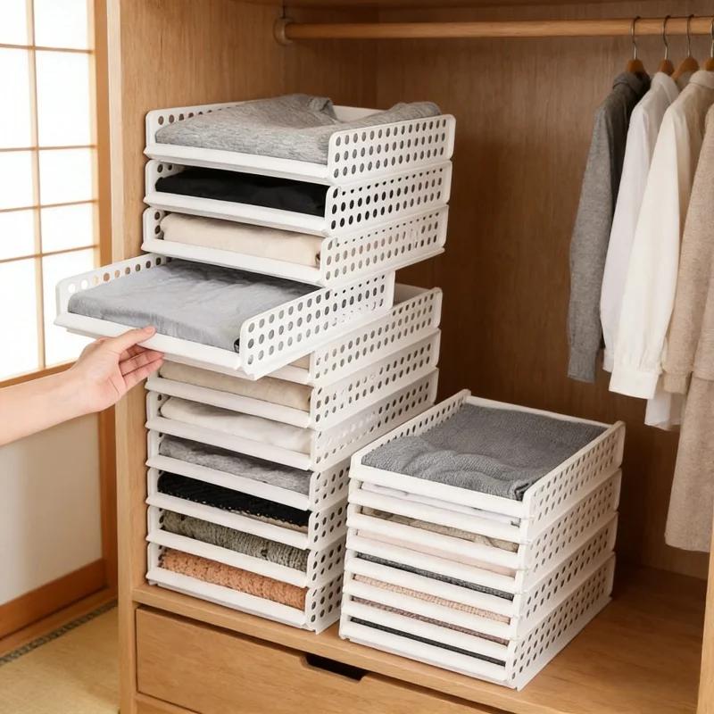 Stackable Plastic Layered Partitions Storage Rack Wardrobe Drawer Organizer Closet Clothes Storage Box Home Storage Accessories