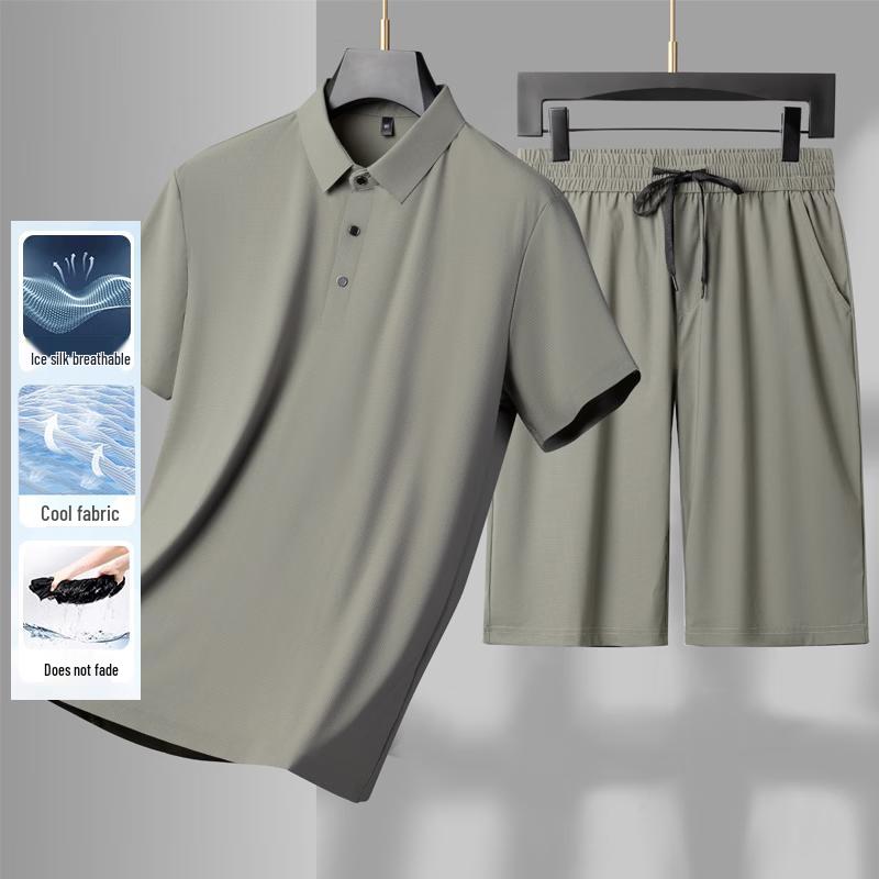 ROMON Men s Summer Ice Silk Polo Shirt & Shorts 2-Piece Set 4XL