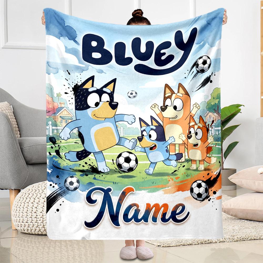 Bluey's Soccer Fun Personalized Text Blanket Cozy Personalized Blanket Durable Comfort Perfect for Couch Living Room Livingroom Bed