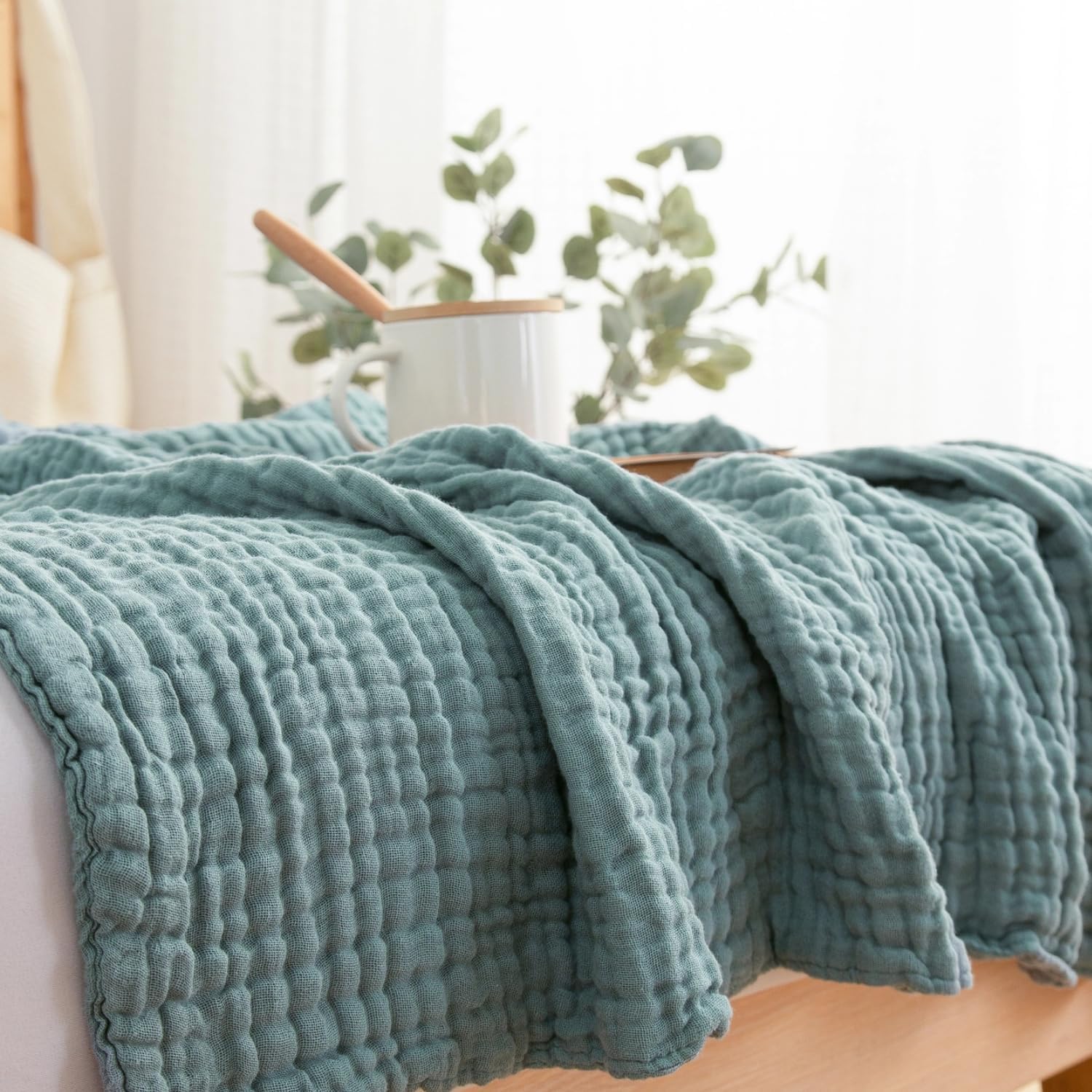 

EMME Марлевое Летнее Марлевое Удобное для Воздуха Бирюзово-Зеленое 6-Слойное Одеяло, Односпальное, 100% Хлопок, Одеяло, Без Добавок, Легкое, Стирающееся,