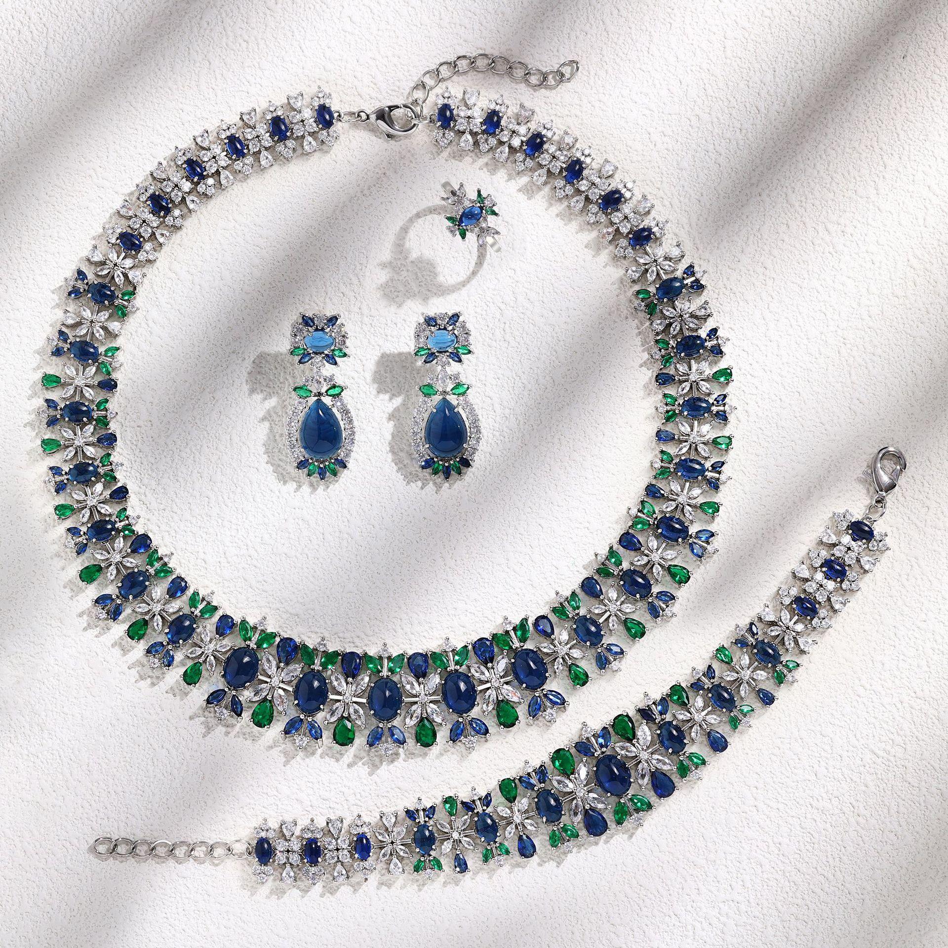 

Copper Zircon Necklace Earrings 4-piece Luxury Chalcedony Dinner Jewelry Set