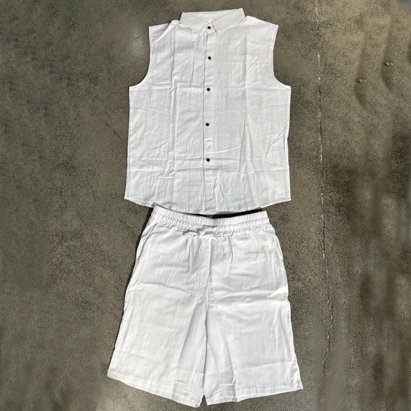Men's European and American Linen Casual Short-Sleeve Button-Down Shirt & Vest Shorts Set