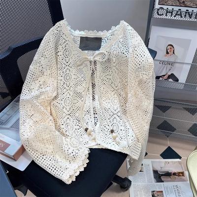 Damen Sommer Große Größe Dünn Ausgehöhlte Jacke Einfarbige Träger Kurzer Abschnitt Sonnenschutzkleidung Strickjacke