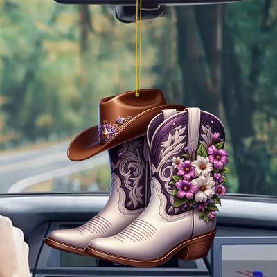 Pingente de bota de cowboy com estampa floral e chapéu colorido - Pingente plano 2D de acrílico multifuncional para carros, mochilas, chaveiros - Presente de Natal perfeito
