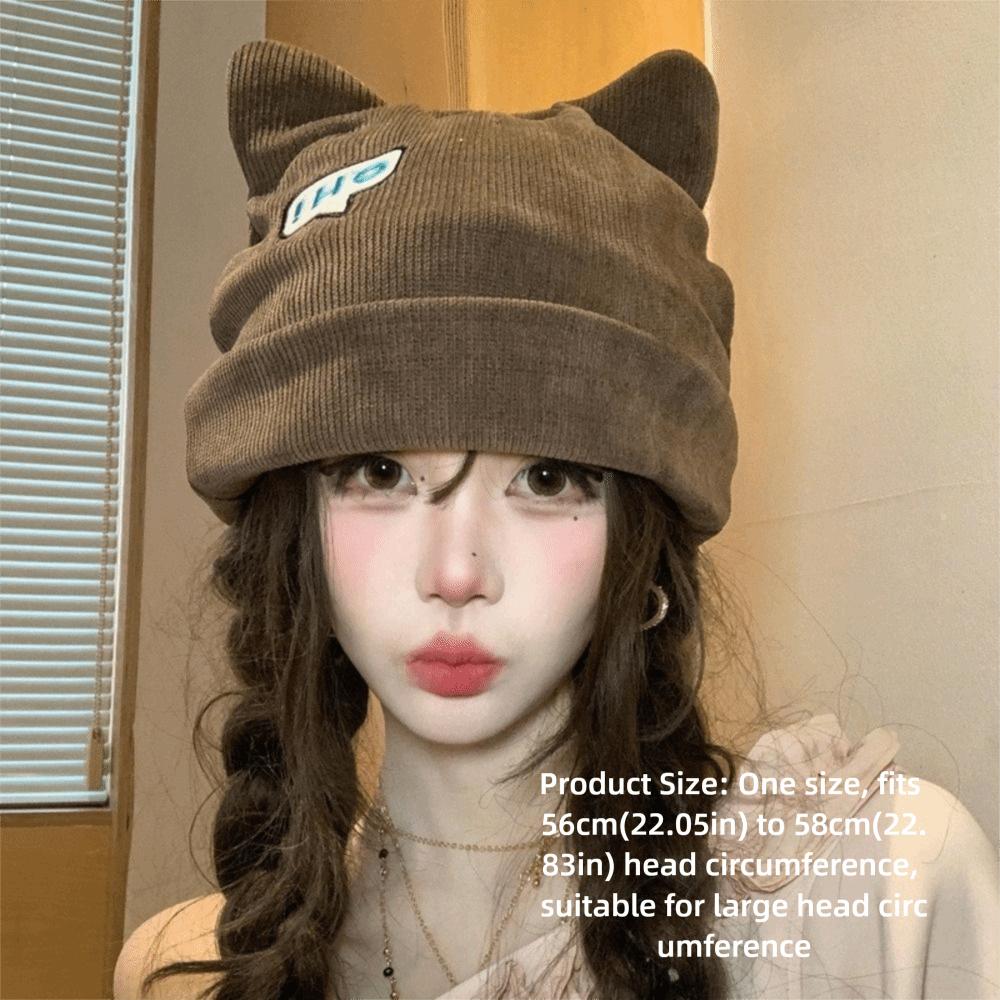 Polyester Cat Ear Beanie Hat Large Head Circumference Fall Winter Skull Cap Casual Use