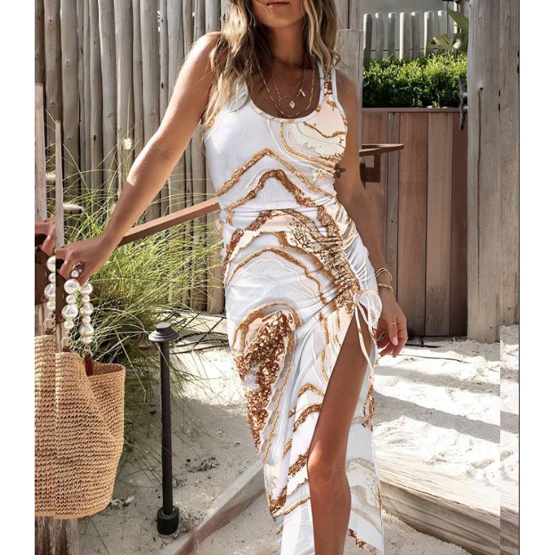 

Летний новый стиль с принтом сексуальное платье-жилет с разрезом на талии для женщин M бежевый