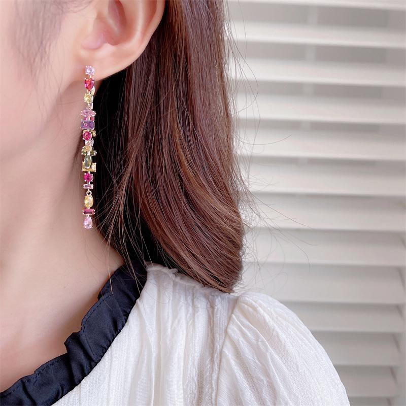 SHEMIAO Fashion Colorful Zircon Tassel Earrings Silver Needle Drop Stud Earrings Geometric Elegant Earrings Girls Jewelry