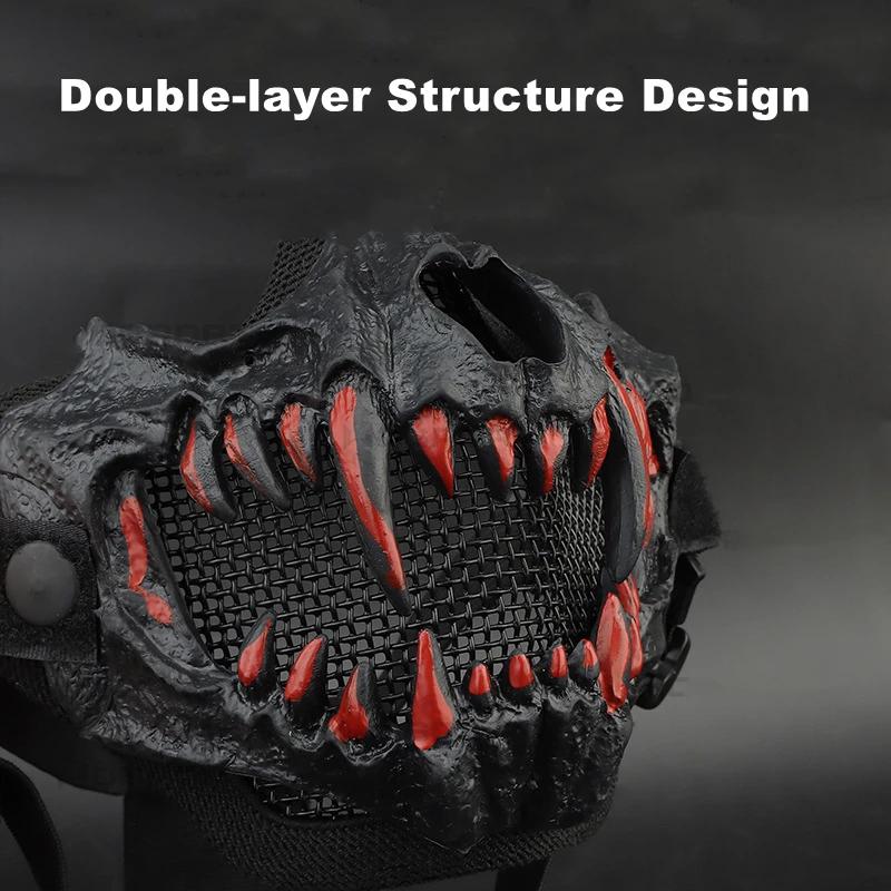 Maschera Zanna, Protezione Facciale Teschio Zanna Oni Rete Tattica Maschera Samurai Mezza Faccia per Softair Caccia CS Halloween Cosplay
