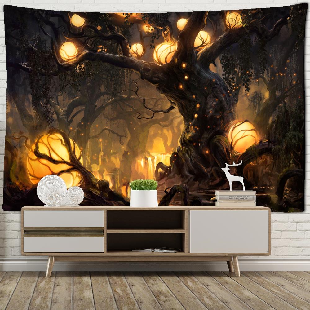 Psychodeliczny gobelin z drzewem życzeń, wiszący na ścianie, czeski tajemniczy las, abstrakcyjna sypialnia, akademik, wystrój domu