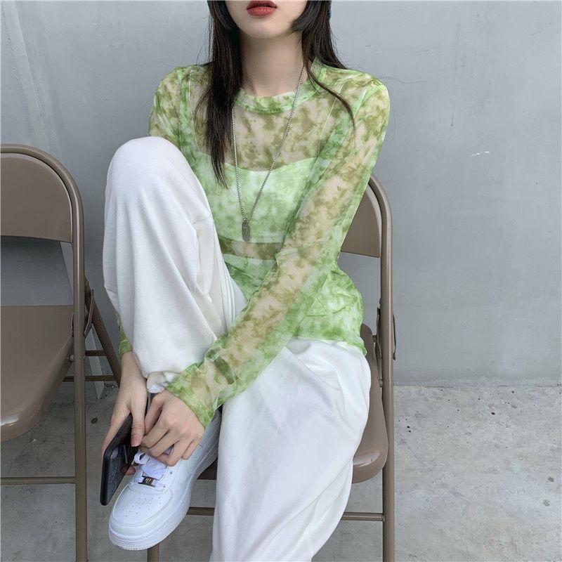 

Солнцезащитный базовый слой из сетки тай-дай для женщин в корейском стиле, летняя футболка с длинным рукавом из ледяного шелка, трендовый топ One size зелёный