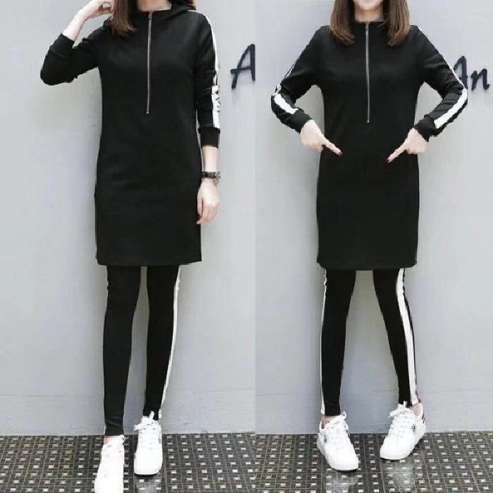 

Женский черный худи средней длины с длинным рукавом, комплект из двух частей - осенне-зимняя повседневная одежда. 4XL чёрный
