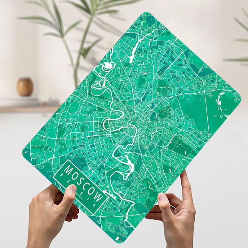 Moscow City Map Russia Watercolor Printed Poster Customized Retro Wall Art Vintage Metal Tin Signs for Home Office Decoration