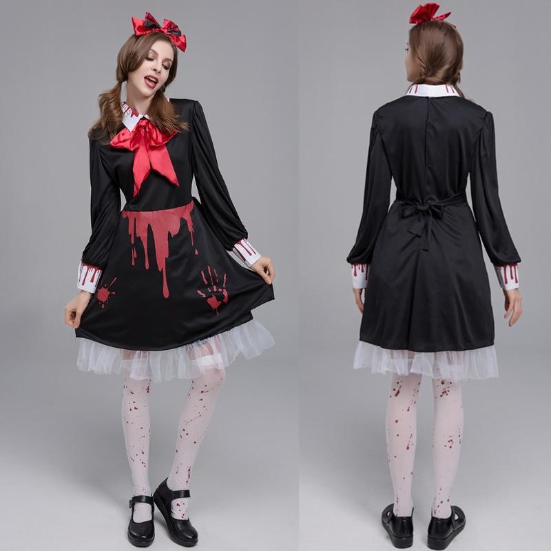 Adult Bloody Zombie Ghost for Doll Dress Bow Headpiece Set Cosplay Costume Women Halloween Role Pretend for Play Party O