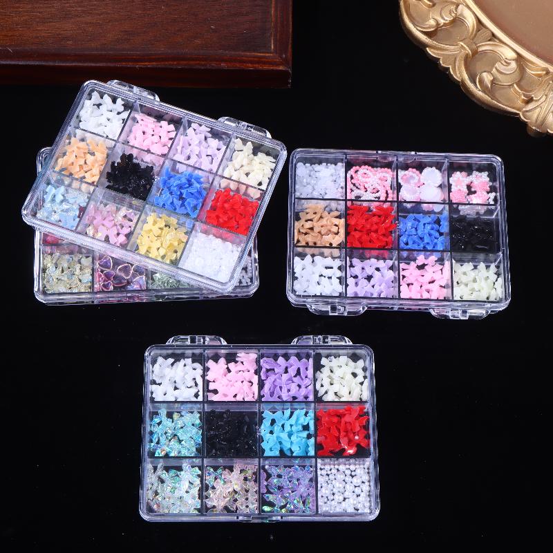 12/15 Grids/Box Mixed Resin Bowknot Nail Charms 3D Colorful Bow  Nail Art Decorations Diy Manicure Parts With Tools