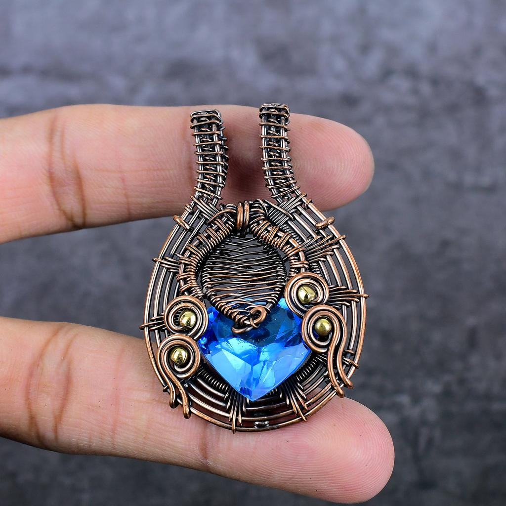 Natürlicher Blautopas Edelstein Handgefertigter Kupferdraht Wickel Schmuck Anhänger 2,25" P1T85