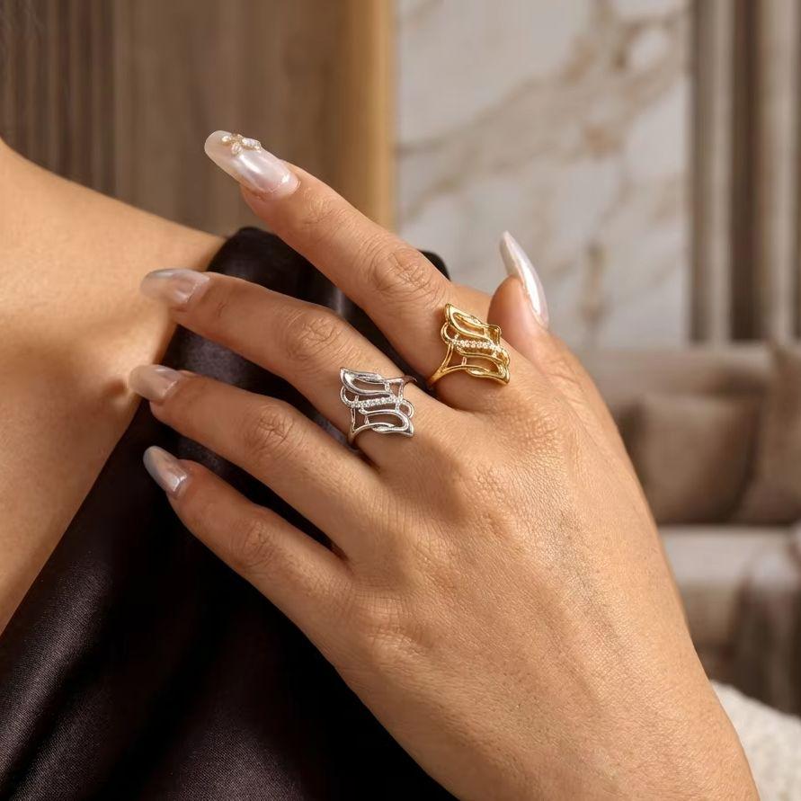 Elegant Sweeping Curve Ring for Women Brass Zircon Openwork Shield Long Finger Cocktail Sophisticated Prom Jewelry