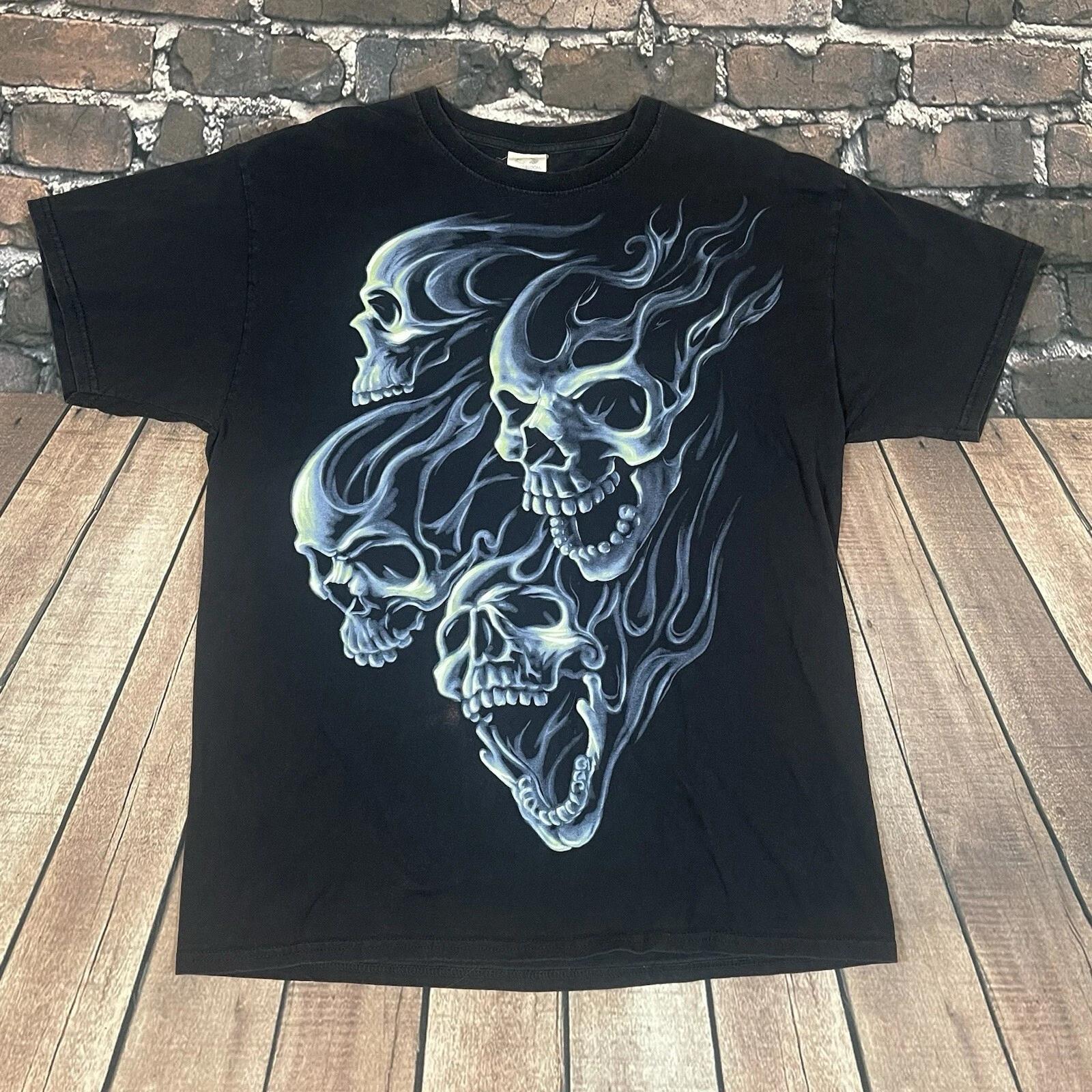 

Vintage Y2K Flaming Skulls Horror Grunge Large Black Short Sleeve T-Shirt 4XL