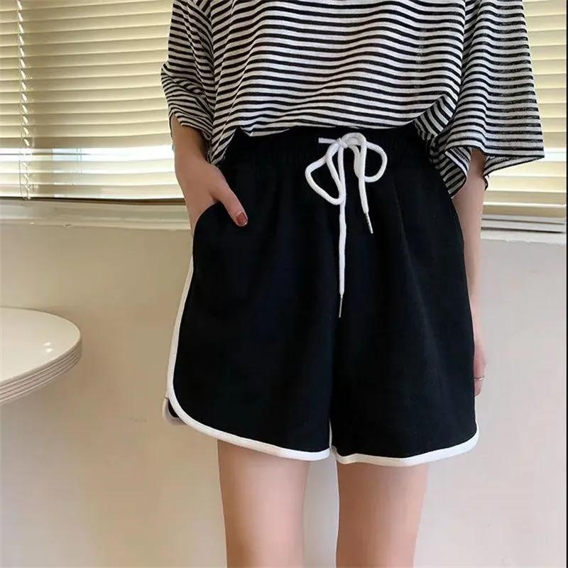 Summer Casual Shorts Women Solid Color Elastic Waist Wide Leg Shorts Woman Black Loose Sports Short Pants
