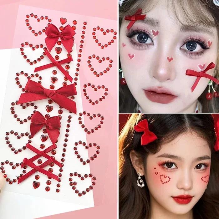 Witte Strik Mode Parel Gezichtstickers Hol Hart Roze Kristal Diamant Tattoo Stickers Body Art Feest Festival Make-up rood