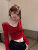 Pure desire hottie sexy one-word shoulder top women's autumn American red long-sleeved t-shirt slim-fitting U-neck bottoming shirt