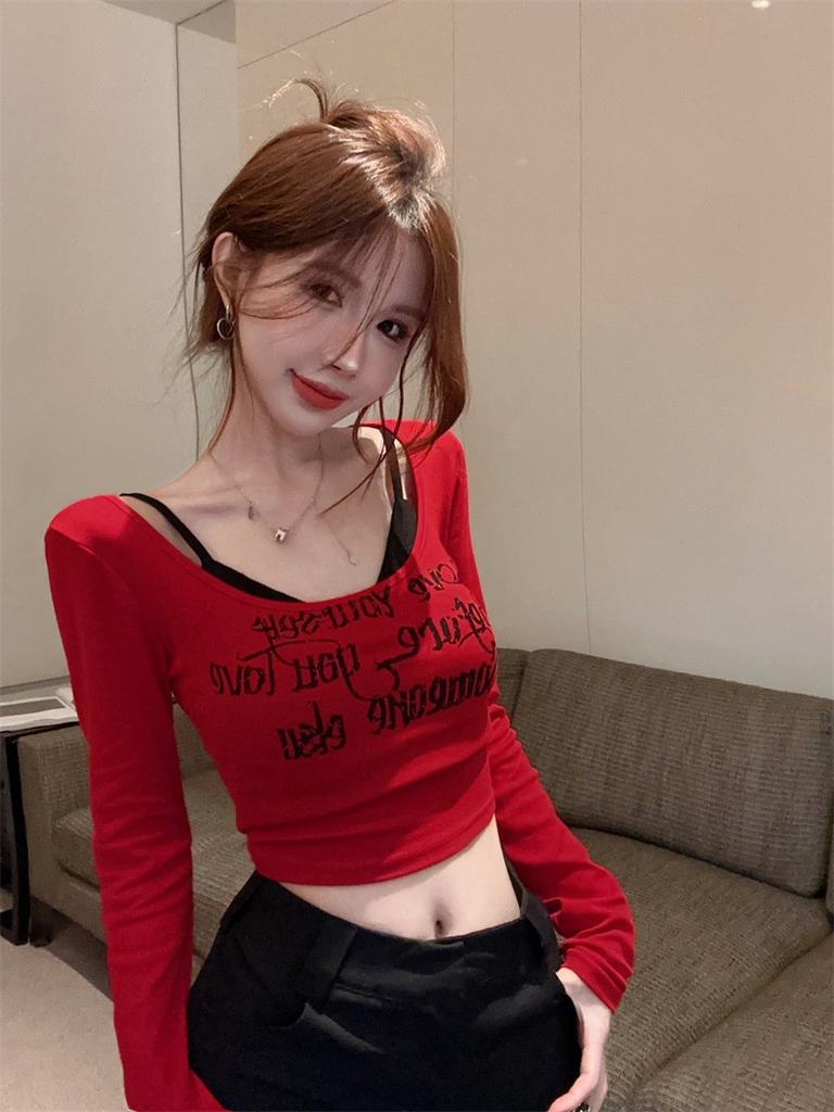 Pure desire hottie sexy one-word shoulder top women's autumn American red long-sleeved t-shirt slim-fitting U-neck bottoming shirt