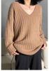 Women's European High-End V-Neck Wool Pullover - 100% Pure, Mid-Length, Loose-Fit, Thickened Knit Sweater