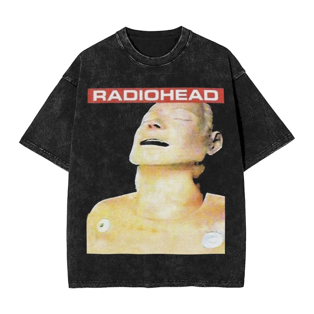 Oversized Acid-Wash Vintage Short-Sleeve T-Shirt Featuring Radiohead Iconic Handshake Graphic Print