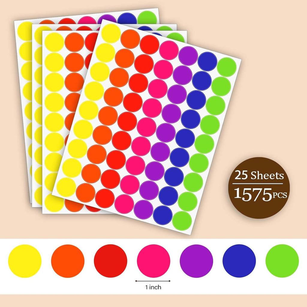 Colored Dot Stickers 1 Inch, Circle Stickers Round Color Coding Dots Markers Sticker, 1575 PCS Removeable Sticky Labels Sticker Dots for Toddlers