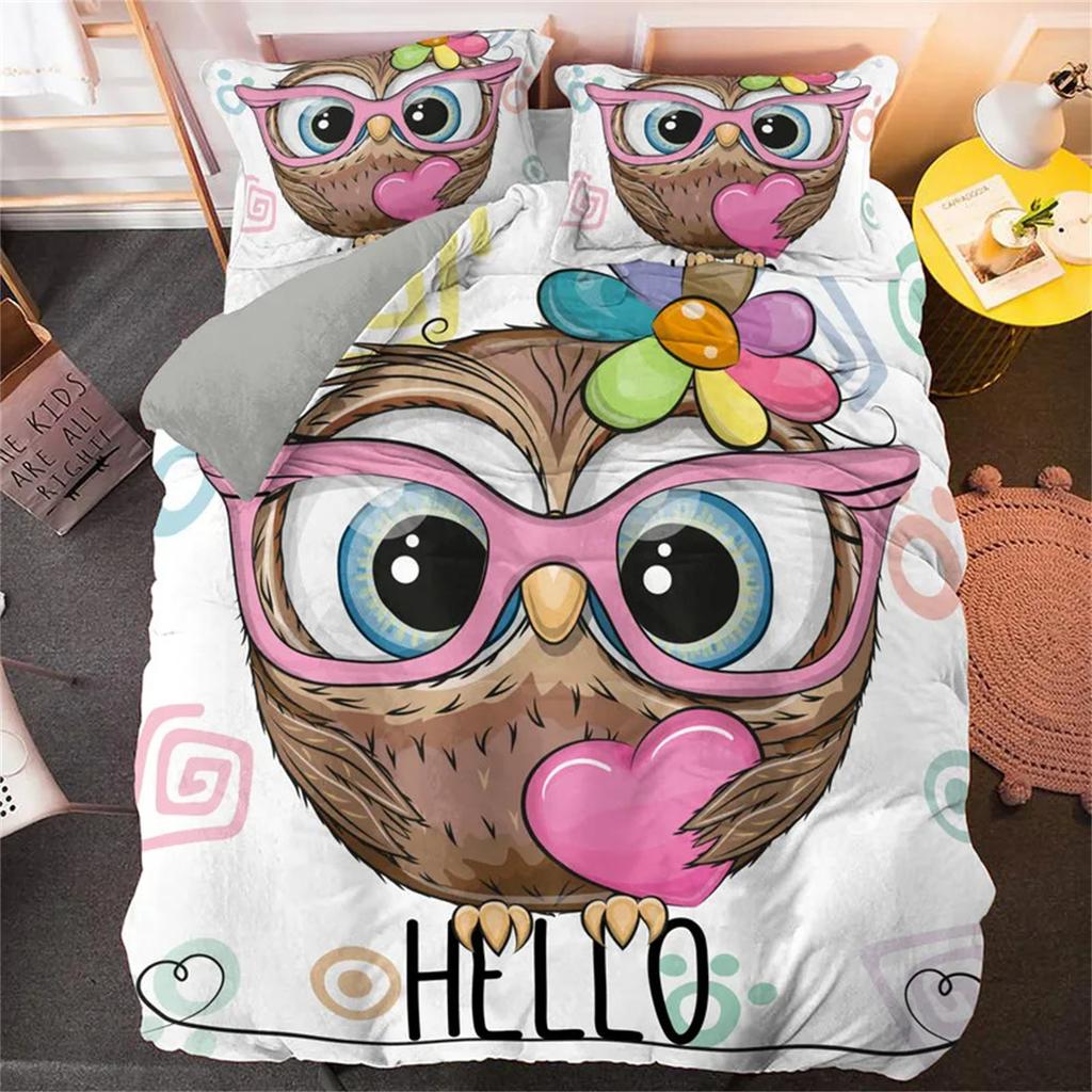 Owl Cartoon Quilt Cover Set with Pillowcase,Microfiber 2Pcs Duvet Cover with Zipper for Kids Teens Adult Girls Bedroom Single
